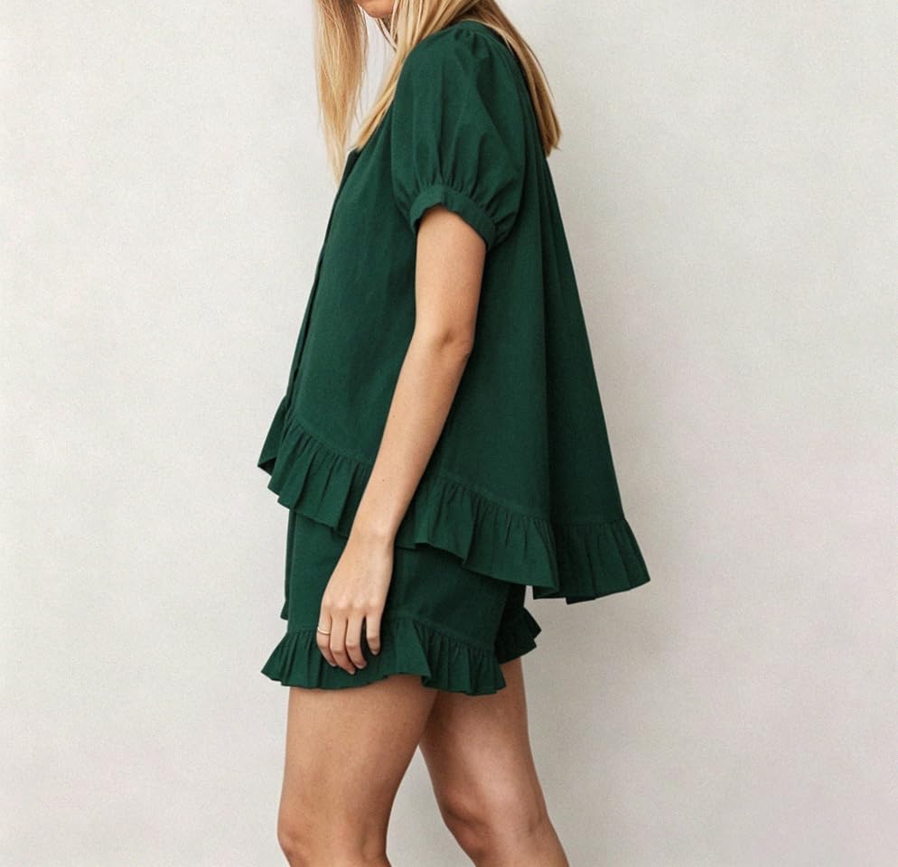 Image of Womens Ruffle Pajama Set Short Sleeve Button Down Top and Shorts | Cotton Ruffle Pajamas Set, Ruffle Shorts Set Women, 2 Piece Shorts Set for Women