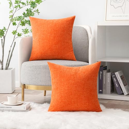 Image of MIULEE Pack of 2 Bright Orange Throw Pillow Covers 20x20 Inch Soft Chenille Pillow Covers for Sofa Living Room Couch Fall Home Decor Solid Dyed Cases