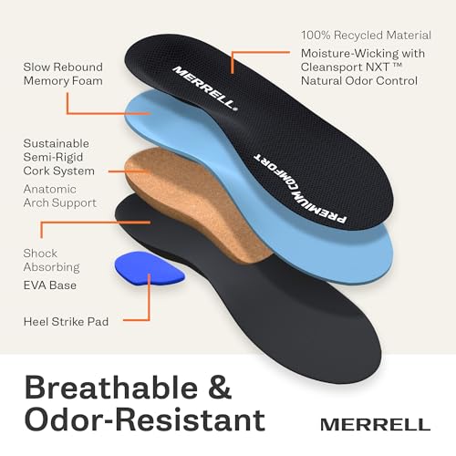 Image of MERRELL Premium Comfort Insoles for Men - Orthotic Insoles with Slow Rebound Memory Foam & Semi-Rigid Cork Layer for support - Plantar Fasciitis Relief, Work Boot, Hiking /For Low to Medium Arch Height