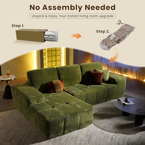 Image of 114 inch Glitter Cloud Sectional Couch with L-Shape Chaise, Modern Boneless Couches for Living Room, Fluffy Tufted Deep Seat Modular Sofa in a Box No Assembly