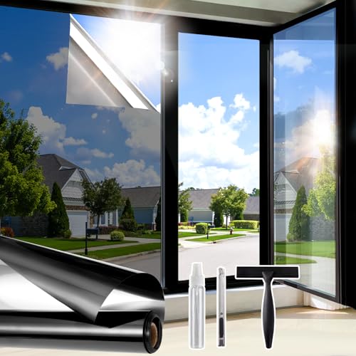 Windimiley Fensterfolie Sonnenschutz Hitzeschutz,Spiegelfolie Fenster Sichtschutz Selbstklebend,UV Schutzfolie Einseitig Blickdicht Wärmeschutzfolie für Sommer Schwarz-Silber 75x400cm