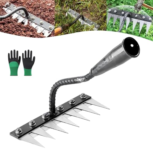 Gardinea - Rastrello per sarchiatura in ferro 2.0, resistente per giardinaggio e diserbo, 5/6/7/8 denti, in acciaio al carbonio, zappe da giardino, strumento rimovibile a mano (7 denti)