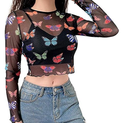 Corvelia Women's Chic Transparent Crop Long Sleeves Sheer Top Tee for Ladies - Butterflies, L Cover