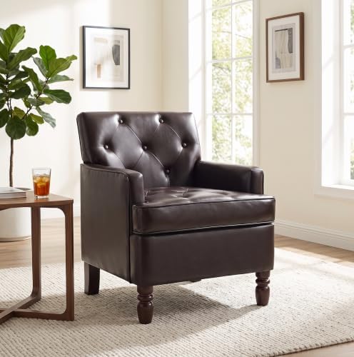 Image of Leather Recliner Chair, Vintage Single Reclining Couch, Brown