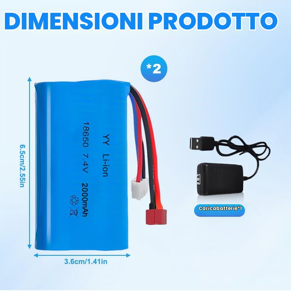 Batteria Lipo 7.4, Batteria Lipo 2s Ricaricabile da 2000 Mah da 2 Pezzi con Spina Deans T e Spina Xh-3P, Lipo 2s con 1 Caricabatterie per Rc Auto Fuoristrada Aeroplano Elicottero Giocattolo