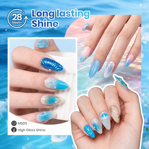 Image of Beetles Blue Gel Nail Polish Set - Sunken Blue 6 Color Sky Navy Cobalt Cat Eye Gel Polish, Summer Shimmer Manicure Soak Off UV Nail Art Salon DIY at Home Gift for Women