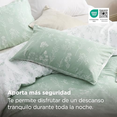 Miniatura 4 de Bedsure Funda Nordica Cama 150 - Juego de Cama Reversible de Poliéster Oeko-Tex, Funda de Edredón 220x230 cm y 2 Almohada 50x75 cm, Nórdica con Cremallera, Flores Verdes, Verde