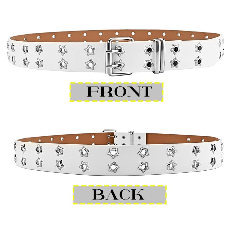 Double Grommet Genuine Leather Belts for Men, White Star Studded for Jeans Pants3