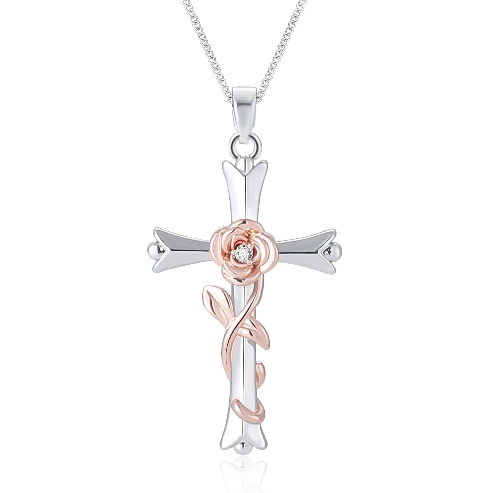 ACECHA Silver Cross Necklace for Women, Crosses Pendant with Birthflower Faith crucifix necklace, dainty silver cross jewelry for mom wife sister, gifts for birthday christmas easter