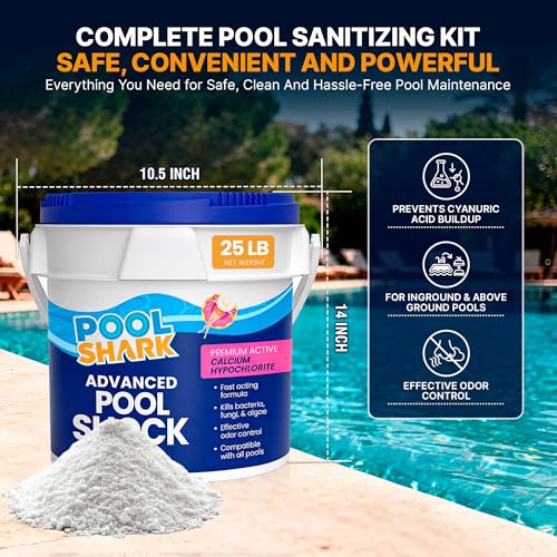 Image of POOL SHARK 68% Calcium Hypochlorite Pool Shock | 25 lb Bucket Chlorine Granules | Pool Shock Treatment for Swimming Pools | Inground & Above Ground Pool Cleaning, Fast-Acting Chlorine Shock
