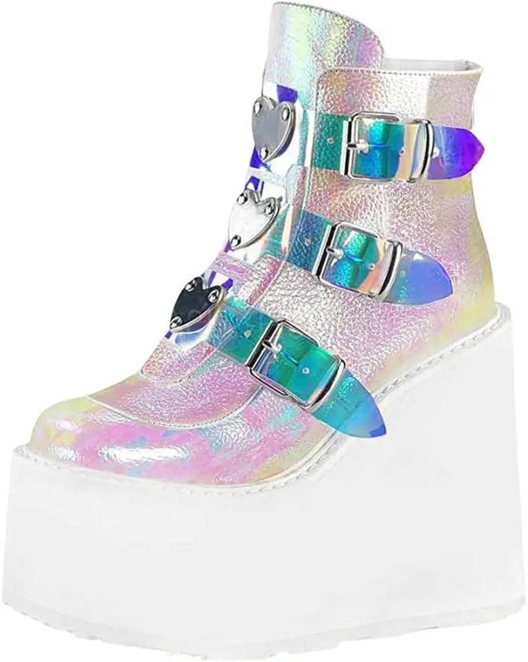 BORAMAX Platform Ankle Boots With Chunky Block Heels for Women Goth Boots Buckle Strap Wedge Motorcycle Platform Chelsea Boot