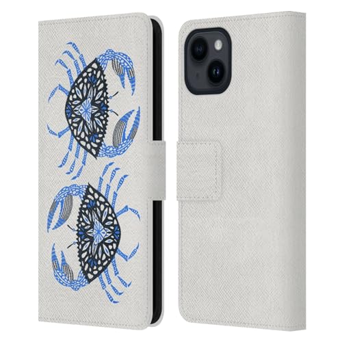 Funda libro de cuero iPhone 15 con diseño náutico de cangrejo azul