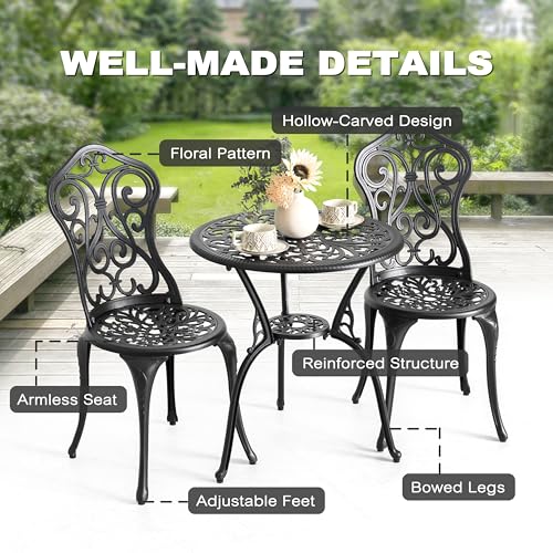 Image of NUU GARDEN 3 Pieces Patio Bistro Set, Outdoor Bistro Set with 2 Chairs, Round Table with Umbrella Hole, All-Weather Outdoor Patio Bistro Set for Garden, Lawn, Poolside, Porch, Black