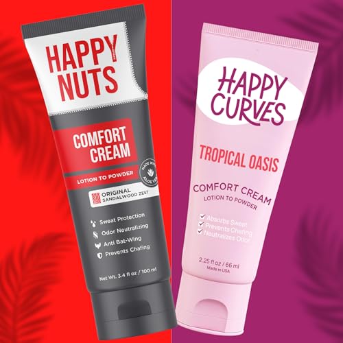 HAPPY NUTS & HAPPY CURVES Comfort Cream His (3.4 oz) and Hers (2.25 oz) Set - Anti-Chafing Sweat Defense, Odor Control, Aluminum-Free Mens Deodorant & Hygiene Product
