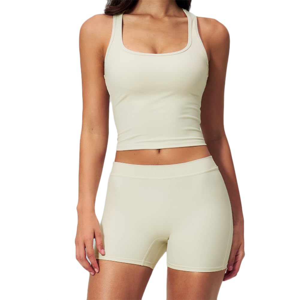 Jpxjgt Women's Apricot 2Pcs Workout Set Square Neck Tank Top + Biker Shorts Seamless Quick Dry Yoga Gym Outfit(Size:xl,Color:apricot)