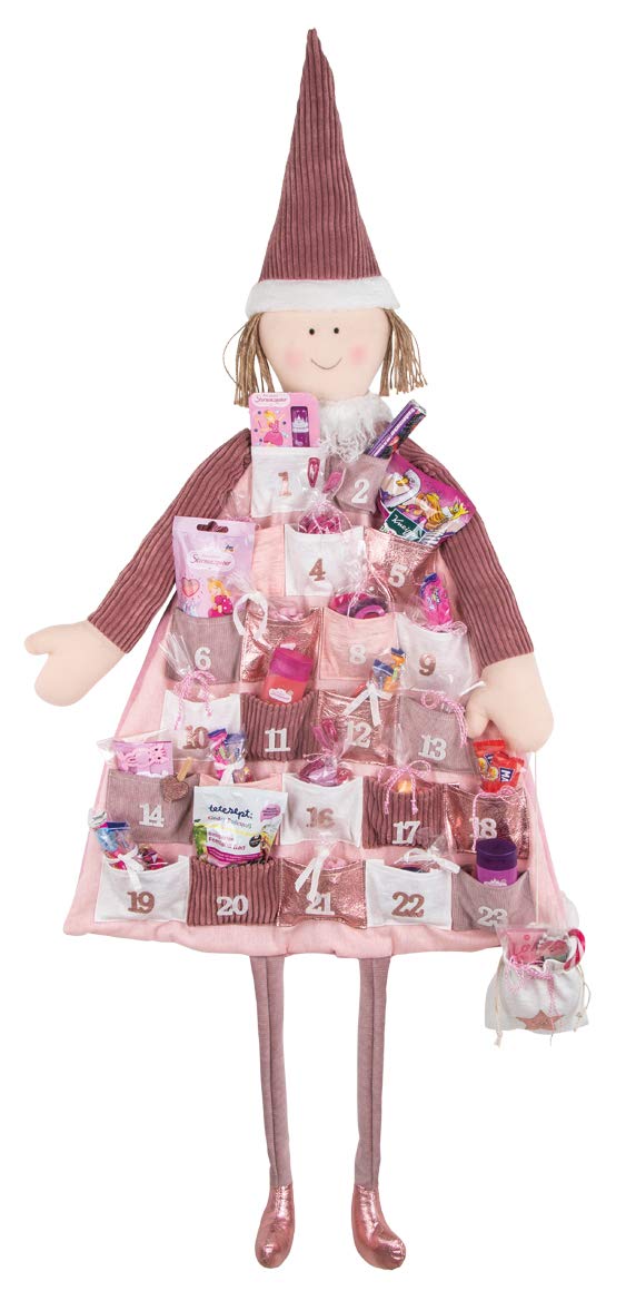 Rayher 46455258 calendrier de l’avent XXL, en forme de lutin de Noel, à suspendre, en tissu de couleur rose, à garnir soi-même, réutilisable chaque année, 118 x 53 cm, calendrier pour fille