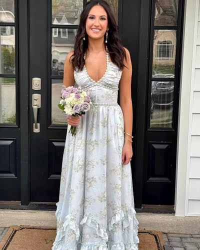 Floral Chiffon Bridesmaid Dress Pearl Halter Formal Evening Gown Ruffle Hem Long Prom Dress with Slit ZD2463