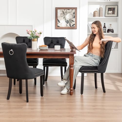 Image of Velvet Dining Chairs, Tufted Kitchen & Dining Room Chairs, Black, Set of 2