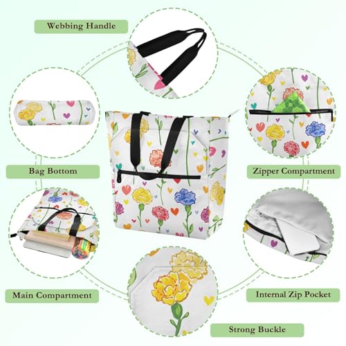 Carnation Heart Tote Bag for Book Lovers Reusable Bags with Zipper Pocket for School Work Shopping3