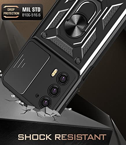 Image of Heavy Duty Back Case Cover for Moto Edge 20 5G, Shockproof Moto Edge 20 Back Cover, Ring Case with Kickstand and Camera Protection Shutter - Black
