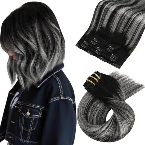 Moresoo Silver Clip in Hair Extensions Balayage Black and Silver Hair Extensions Clip ins Human Hair Ombre Remy Straight Human Hair Clip in Extensions 5Pcs 80G 12inch
