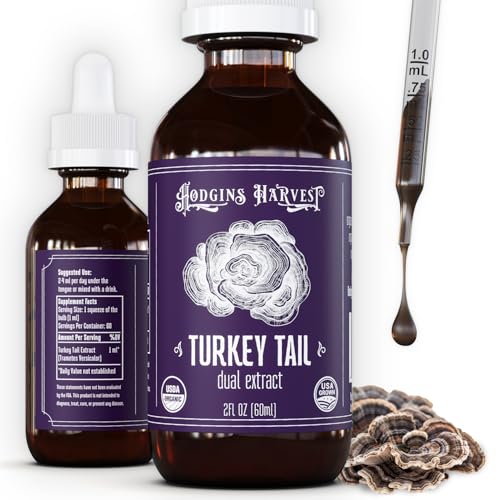 Hodgins Harvest Organic Turkey Tail Mushroom Tincture - Extra Concentrated Dual Extract Antioxidant-Rich Mushroom Drops Supplement for Overall Wellness - Made in USA - 2 fl oz