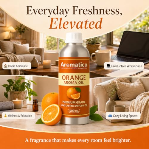 Image of AROMATICO Orange Diffuser Oil with Strong, Long-Lasting Aroma for Homes, Offices & Showrooms | Aromatherapy, Diffusers, Air Purifiers, Vaporizers - 500 ml