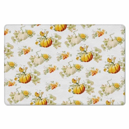 Pumpkin Kitchen Bath Door Mat Cushioned Runner Rug,Washable Welcome Floor Sink Antifatigue Mat,Waterproof & Non-Slip Comfort Standing Doormat,Autumn Watercolor Thanksgiving Maple Leaf 24