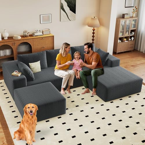 Image of 96 inch Modular Sectional Sofa with Ottoman, Modern Corduroy Cloud Couch with Deep Seat, Boneless Couch Upholstered 3-Seater U-Shaped Sofa for Living Room, No Assembly (Grey, Right-Facing Chaise)