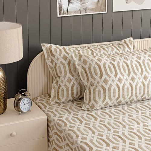 Image of Swayam Roto Cotton King Bedsheet with 2 Pillow Covers | Size 108 x 108 inch | 144 TC | Geometric Design | Soft Breathable Bed Sheet | Comfortable & Durable for Bedroom - Light Brown