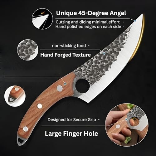 Image of Professional Japanese Chef Knife with Hammered Damascus Steel Blade, Wooden Handle, Premium Kitchen Cutlery, Leather Sheath Included (Wooden Handle)