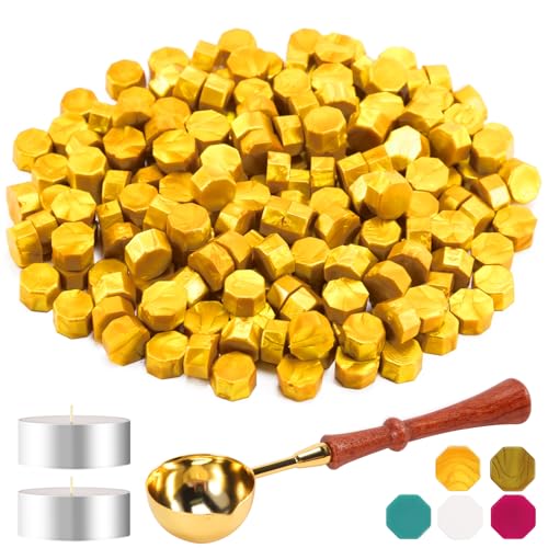 Foonii Juego de 200 cuentas de cera para sellar con 1 cuchara de derretimiento, 2 velas de té, juego de cuentas de lacre para sobres, invitaciones, tarjetas, regalo (dorado)