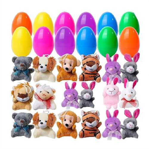 12 PCS Prefilled Easter Eggs with Stuffed Animals,3.1 Plastic Easter Eggs Filled with Animals Toys,Easter Eggs Stuffed Animals Gifts Eggs for Easter Egg Hunt Prizes, Party Favor