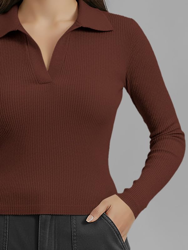 Image of Dream Beauty Fashion Women's Collared Neck Long Sleeve Slim Fit Casual Tee Top for Woman