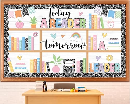 Juego de 67 tableros de anuncios de estantería, cuaderno de composición, decoración de aula, recortes de lectura motivacionales, borde de tablón de anuncios para el regreso a clases, hogar, oficina