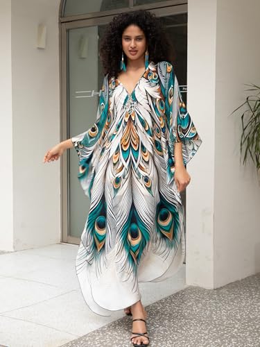 Image of IMAGEKOPE Women's Plus Size Animal Print V-Neck Batwing Kaftan Beach Dress Bathing Suit Cover-Up Loungewear