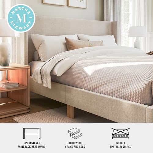Image of Martha Stewart Maisie King Wingback Upholstered Platform Bed, Beige | Cushioned Siderails, Wood Slat Foundation, No Box Spring Needed