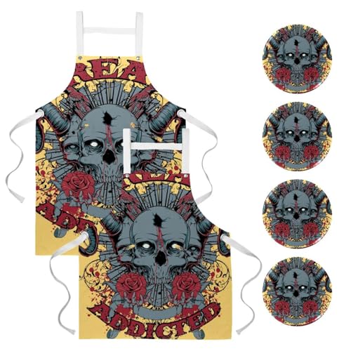 Tablier de cuisine motif rose rétro tête de mort avec broches d'ajustement incluses