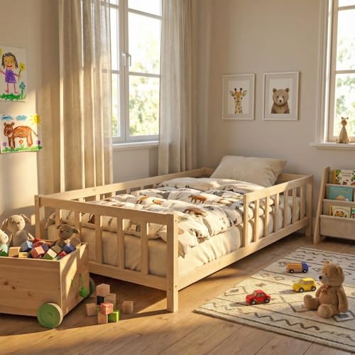 Lit enfant Nino 90x190 bois massif barrière 28cm Weber Industries