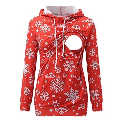 YHEGHT Manga Maternidade Tops Femininos Longo Moletom com Capuz de Natal Moletom de Amamentação com