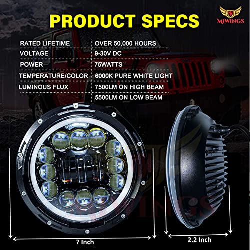 Image of Miwings 7 inch Round LED Stylish 12COB3HID Hi /Low Beam 75W H4 Headlight Compatible with Royal Enfield, Jeep, Thar, Motorcycle, Cars, Harley Davidson (Color Amber & White)