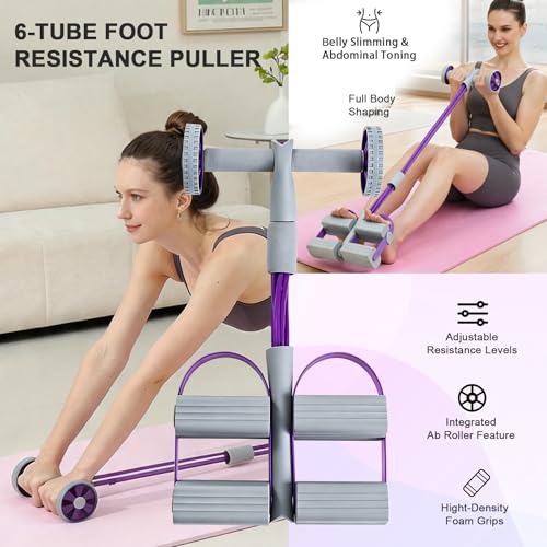 TRSAIM 6-Tube Pedal Resistance Bands with Handles & Ab Roller, 2-in-1 Foot Pedal Puller, Home Gym Workout Equipment for Core Training, Full Body Exercise for Arm, Leg, Waist, Back (Purple) — view 2
