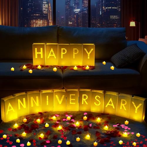 Image of Happy Anniversary Decoration, Light Up Letters Luminaries Signs with Flameless Candles and Fake Rose Petals, Anniversary Romantic Party Decor