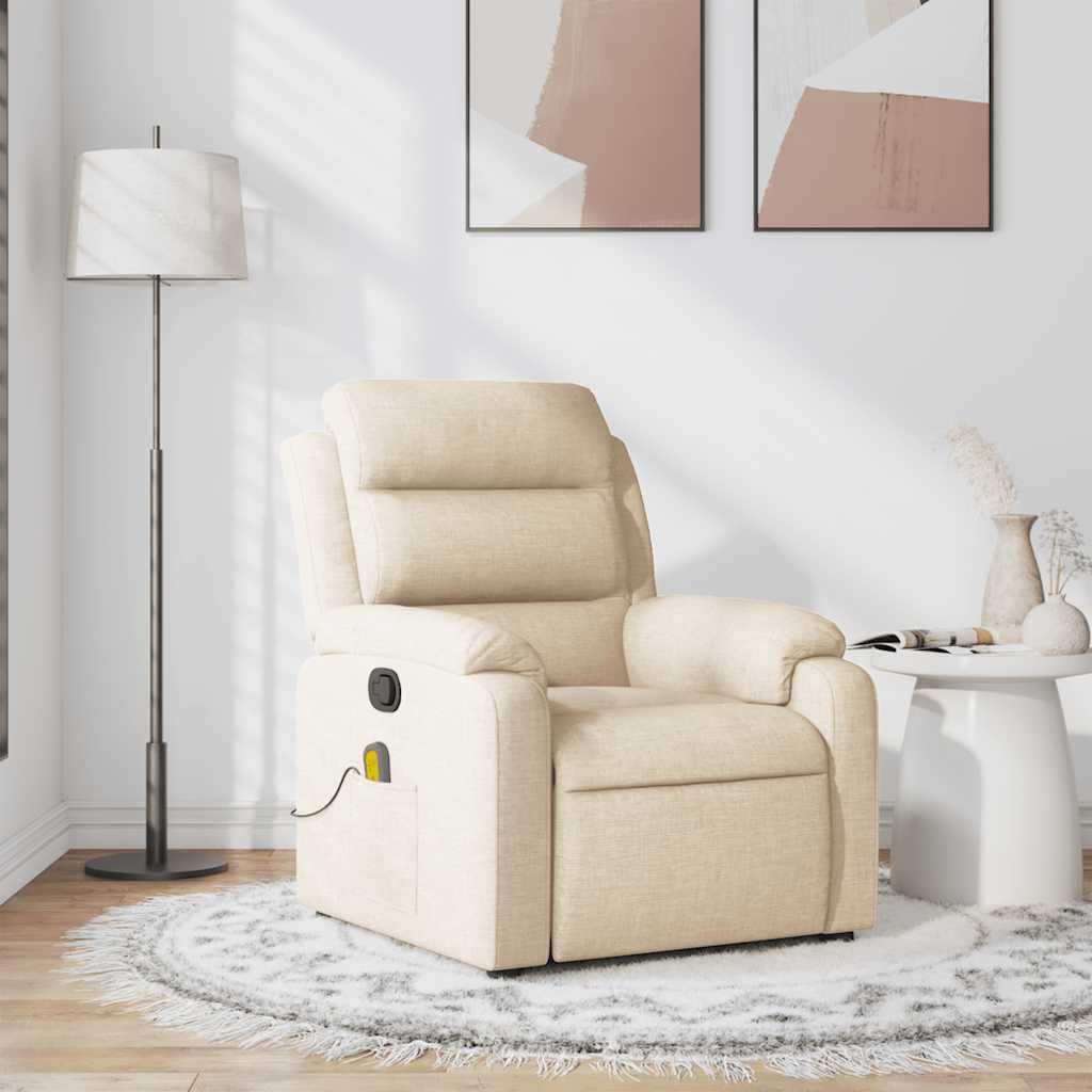 vidaXL Massage Recliner Chair Cream Fabric (100% Polyester), Metal, Plywood