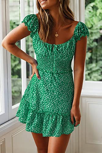 Image of Valphsio Womens Smocked Dress Ruffle Floral Tie Front Boho Short Dresses