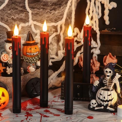 Image of Black Flameless Taper Candles Flickering with Remote and Timer, Blood Dripping Wax Effect Battery Operated Yellow Light LED Taper Candles Dinner Halloween Spooky Decor(4 Pack, 0.78 inch x 8.9 inch)