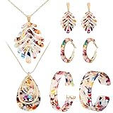 Highergo 2 Sets Acrylic Jewelry Set for Women Statement Earrings Necklace Bracelet Marble Texture Fl