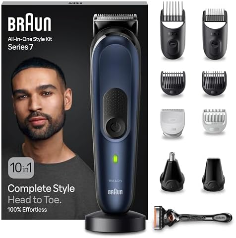 Braun All-In-One Trimmer-Set 7, 10-in-1 Multigroom, Barttrimmer, Nasenhaartrimmer, Haarschneidemaschine für Gesicht, Kopf und Körper, 100 Min. Akku, 14 Längen (3–21 mm), Wasserdicht, MGK7410, Blau