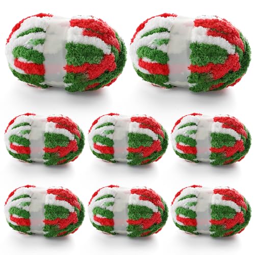 8 Pcs Chunky Yarn for Hand Knitting - Chunky Chenille Yarn for Crocheting - Fluffy Yarn for Crochet - Jumbo Yarn for Hand Knitting 227 yds 61.6 oz of Super Bulky Yarn (Red-Green-White)