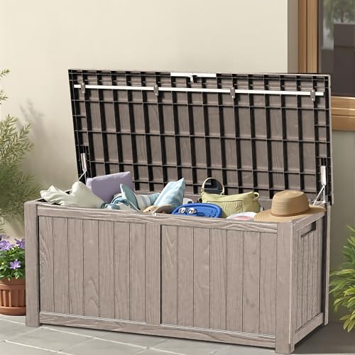 Trygoal 120 Outdoor Storage Box, Waterproof Resin Deck Box for Indoor & Outdoor Use, Lockable Storage Bench with Piston Hinge, Storage Bin for Patio Cushions, Garden Tools, Package Delivery, Grey - Thumbnail 2
